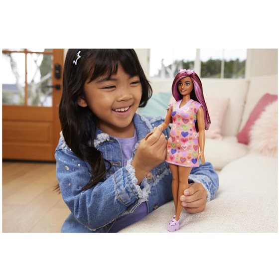 Mattel Barbie Fashionistas - Κούκλα Barbie Με Μωβ  Μαλλιά Και Πορτοκαλί Φόρεμα με Καρδούλες