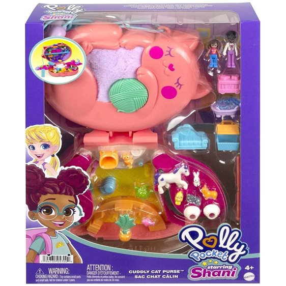 Mattel Polly Pocket Mini - Τρέντι Τσαντάκι Starring Shani Cuddly Cat Purse, Pet Vet Theme With 2 Micro Dolls And 18 Access GKJ63