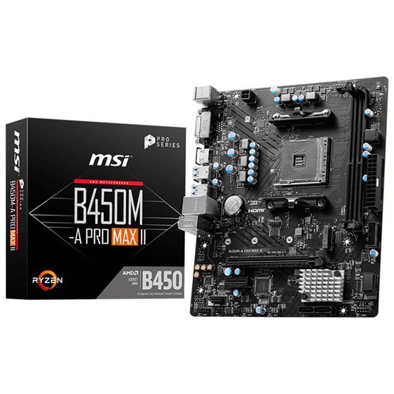 MSI MB B450M-A Pro Max II, Socket AMD AM4, CS AMD B450, 2 DIMM Sockets DDR4, DVI-D/ HDMI, LAN, Micro-ATX, 3YW. 911-7C52-036