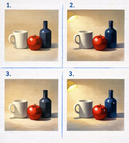 Still life με τρία αντικείμενα για εξάσκηση σε φως, σκιά και φόρμα με ακρυλικά