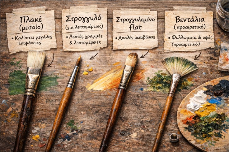 Πλακέ, στρογγυλό, filbert και πινέλο βεντάλιας για ακρυλική ζωγραφική
