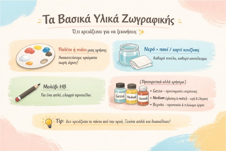 Βασικά υλικά για ζωγραφική με ακρυλικά: παλέτα, νερό, πανί, μολύβι, gesso, medium και βερνίκι