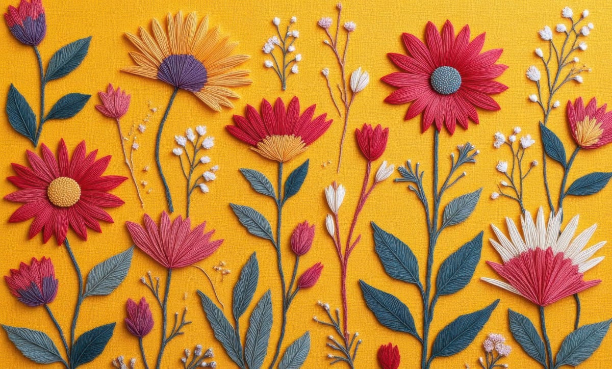 Πολύχρωμα λουλούδια quilling με χάρτινα πέταλα και φύλλα πάνω σε φωτεινή κίτρινη επιφάνεια