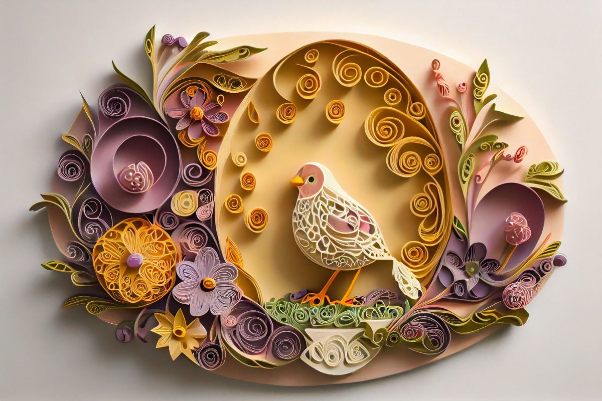Σύνθετη διακοσμητική σύνθεση quilling με χάρτινα λουλούδια, πουλί και σπείρες