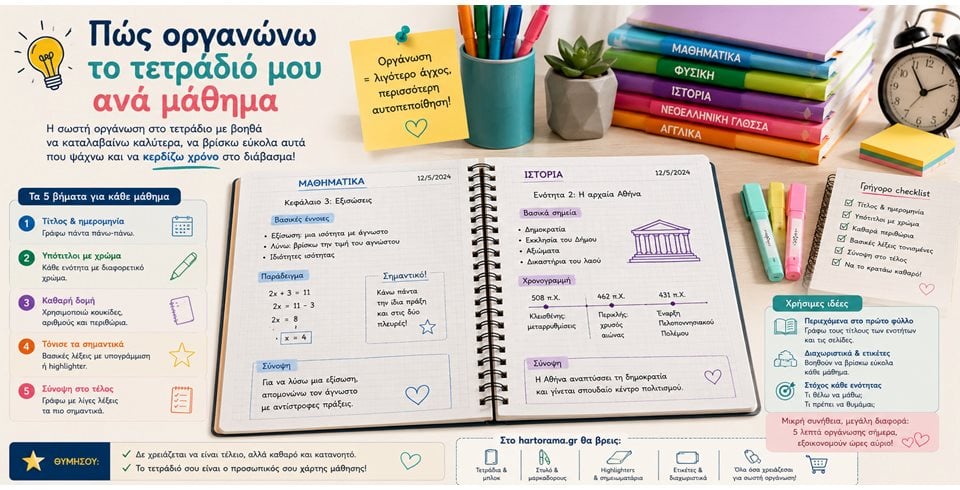 Πώς οργανώνω το τετράδιό μου ανά μάθημα