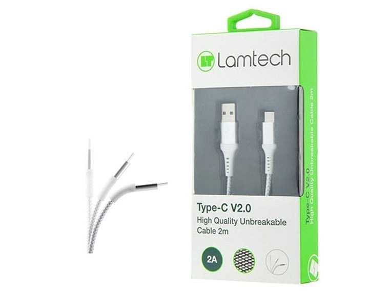 LAMTECH TYPE-C V2,0 HIGH QUALITY UNBREAKABLE CABLE SILVER 2M