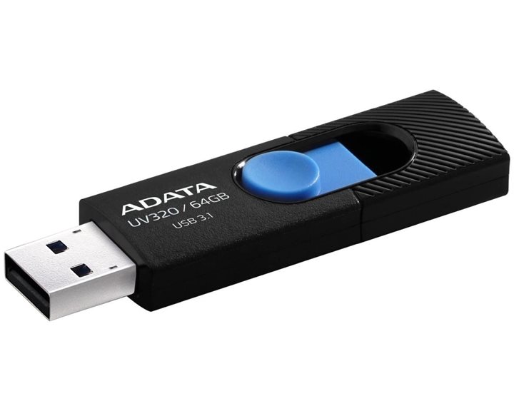 ADATA FLASH USB DRIVE 64GB AUV320-64G-RBKBL, USB3.2, RETRACTABLE, BLACK/BLUE, 5YW.