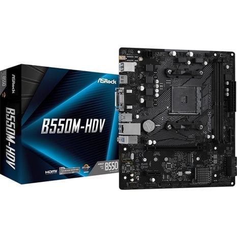 ASROCK MB B550M-HDV, SOCKET AMD AM4, CS AMD B550, 2 DIMM SOCKETS DDR4, D-SUB/DVI-D/HDMI, PCI-E GEN 4.0, GIGABIT LAN, MICRO-ATX, 2YW.
