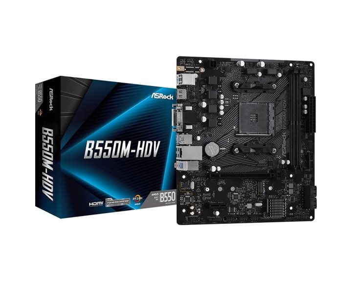 ASROCK MB B550M-HDV, SOCKET AMD AM4, CS AMD B550, 2 DIMM SOCKETS DDR4, D-SUB/DVI-D/HDMI, PCI-E GEN 4.0, GIGABIT LAN, MICRO-ATX, 2YW.