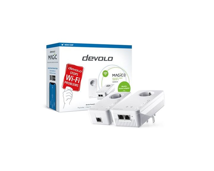Devolo Powerline Magic 2 WiFi Next EU Starter Kit (8624), 1x Magic 2 LAN Adapter & 1x Magic 2 WiFi (Wireless) Adapter, 2400Mbps, Shuko, AC Power Out Socket, 3YW. 8624