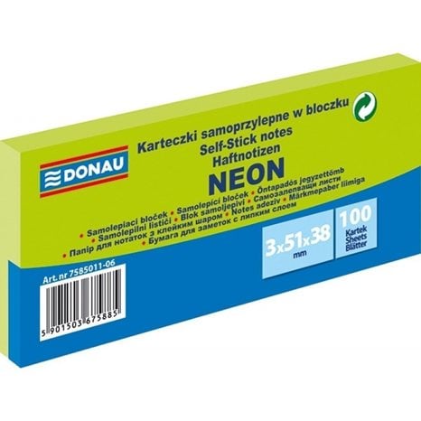 Αυτοκόλλητες Σημειώσεις Donau Neon 51x38mm 3τεμ. 100φ. Πράσινο 7585011-06