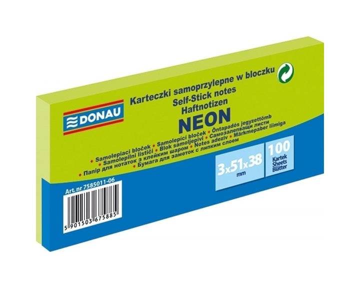 Αυτοκόλλητες Σημειώσεις Donau Neon 51x38mm 3τεμ. 100φ. Πράσινο 7585011-06
