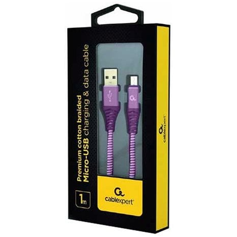 CABLEXPERT PREMIUM COTTON BRAIDED MICRO-USB CHARGING AND DATA CABLE 1M PURPLE/WHITE RETAIL PACK