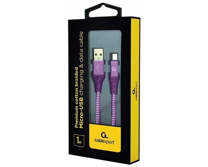 CABLEXPERT PREMIUM COTTON BRAIDED MICRO-USB CHARGING AND DATA CABLE 1M PURPLE/WHITE RETAIL PACK