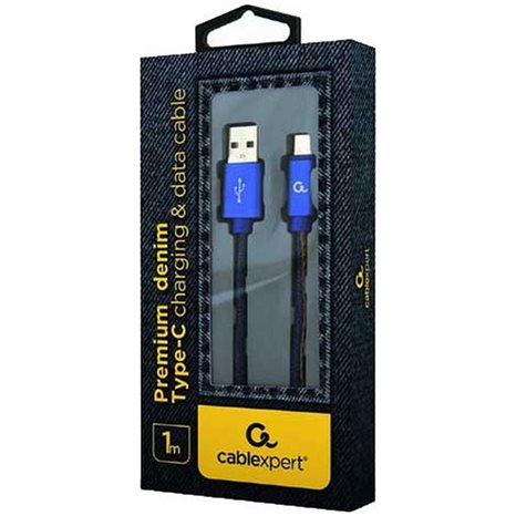 CABLEXPERT PREMIUM JEANS (denim) TYPE-C USB CABLE WITH METAL CONNECTORS 1M BLUE RETAIL PACK