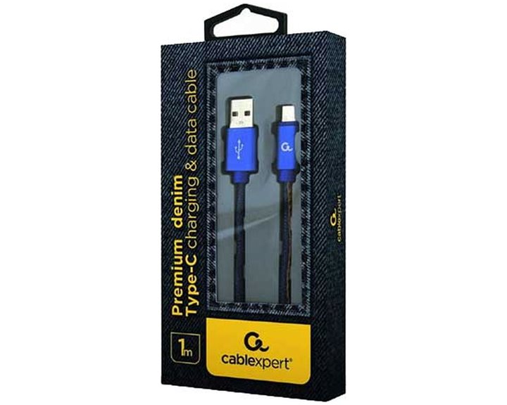 CABLEXPERT PREMIUM JEANS (denim) TYPE-C USB CABLE WITH METAL CONNECTORS 1M BLUE RETAIL PACK