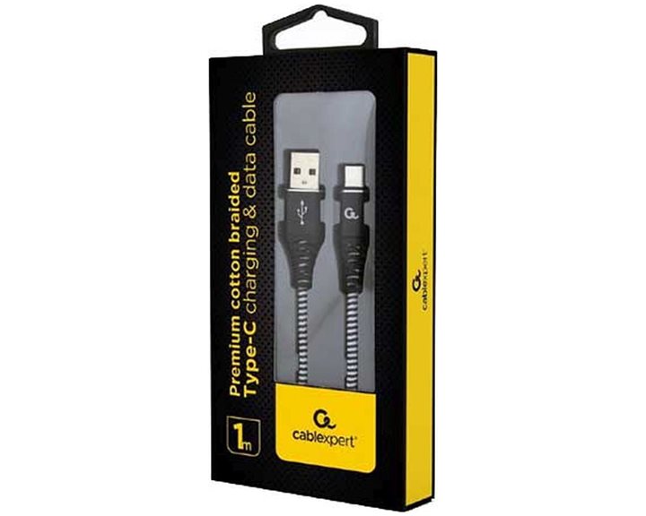 CABLEXPERT PREMIUM COTTON BRAIDED TYPE-C USB CHARGING AND DATA CABLE 1M BLACK/WHITE RETAIL PACK