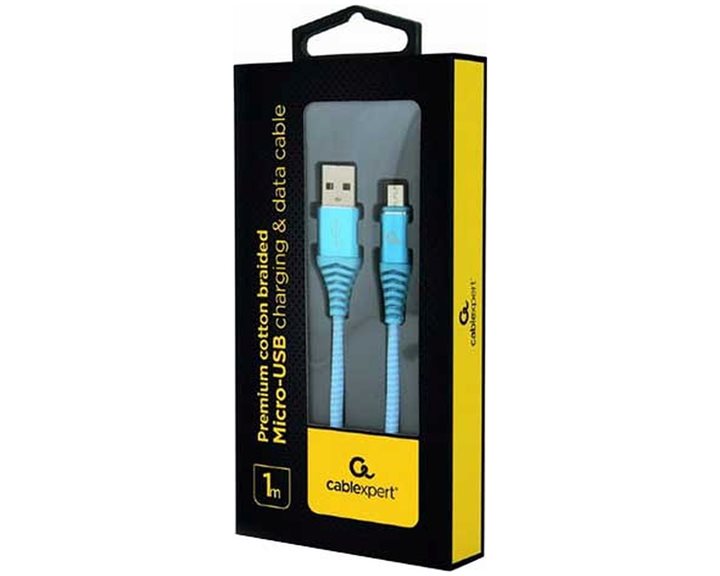 CABLEXPERT PREMIUM COTTON BRAIDED MICRO-USB CHARGING AND DATA CABLE 1M TURQOUISE/WHITE RETAIL PACK
