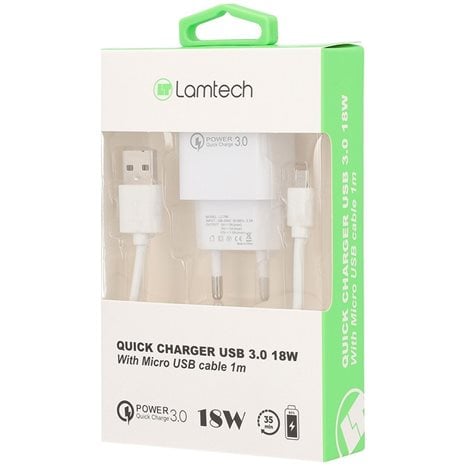 Lamtech Quick Charger USB3.0 18W With Micro USB Cable 1m White