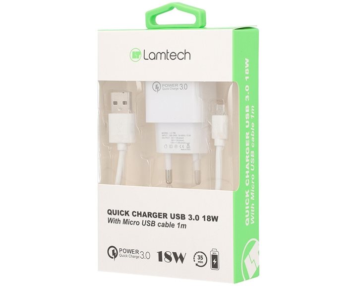 Lamtech Quick Charger USB3.0 18W With MICRO USB Cable 1M WHITE
