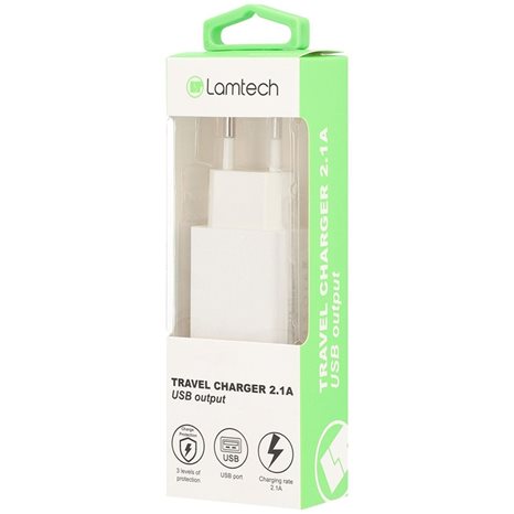LAMTECH USB TRAVEL CHARGER 2,1A WHITE