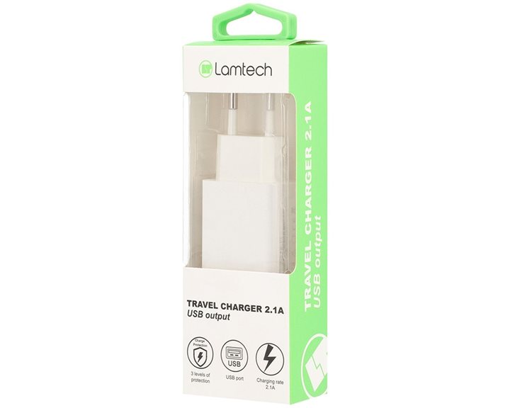 LAMTECH USB TRAVEL CHARGER 2,1A WHITE