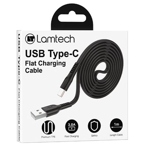Lamtech Type-C 3.0A Flat Charging Cable 1m Black