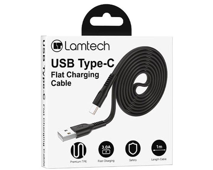 Lamtech Type-C 3.0A Flat Charging Cable 1m Black