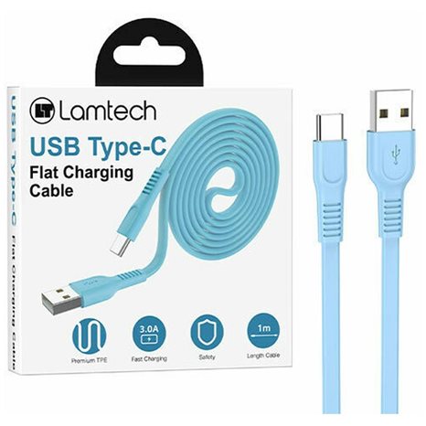 LAMTECH TYPE-C 3.0A FLAT CHARGING CABLE 1M BLUE