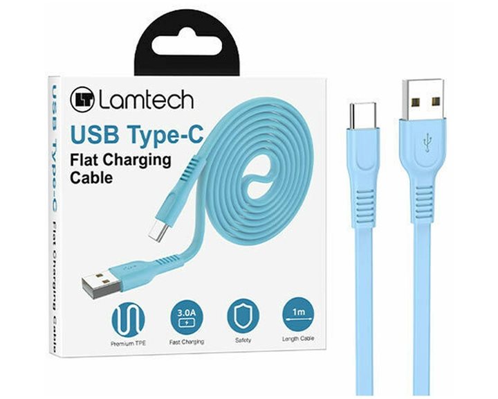 LAMTECH TYPE-C 3.0A FLAT CHARGING CABLE 1M BLUE