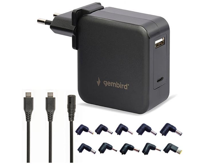 GEMBIRD UNIVERSAL 60W USB TYPE-C PD LAPTOP CHARGER 10 TIPS