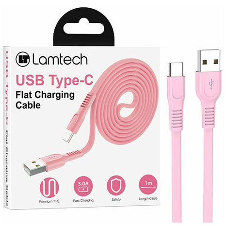 LAMTECH TYPE-C 3.0A FLAT CHARGING CABLE 1M PINK