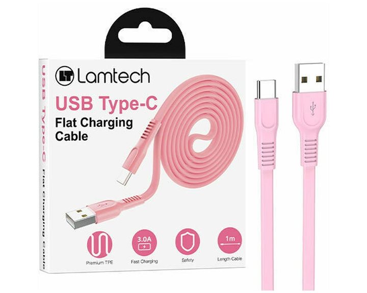 LAMTECH TYPE-C 3.0A FLAT CHARGING CABLE 1M PINK