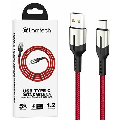 LAMTECH USB TYPE-C DATA CABLE 5A 1,2M RED