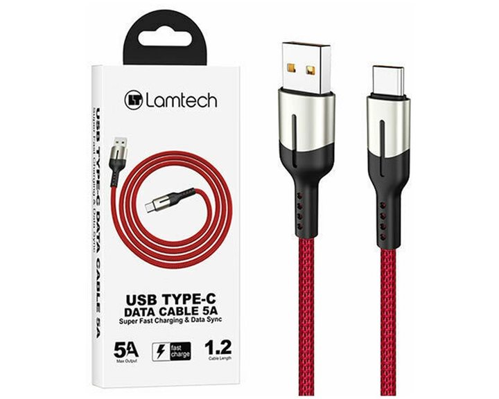 LAMTECH USB TYPE-C DATA CABLE 5A 1,2M RED