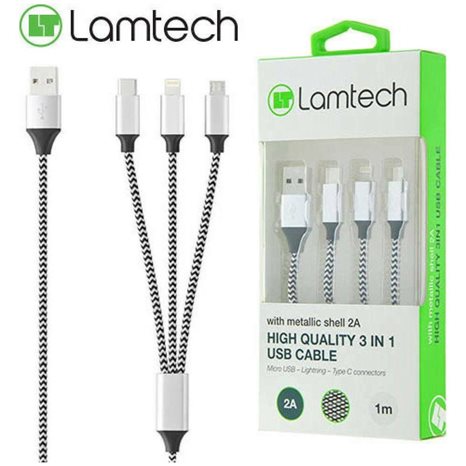 LAMTECH HIGH QUALITY 3 IN 1 USB CABLE WITH METALLIC SHELL SILVER 1M