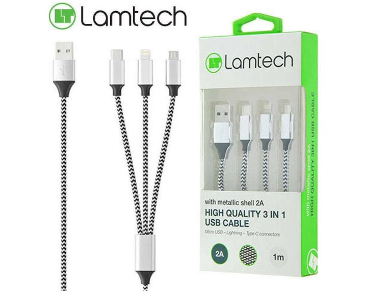 LAMTECH HIGH QUALITY 3 IN 1 USB CABLE WITH METALLIC SHELL SILVER 1M