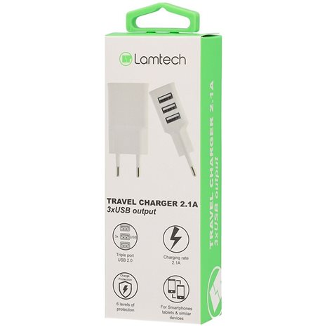 LAMTECH 3xUSB CHARGER 2,1A WHITE