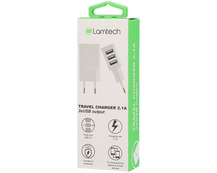 LAMTECH 3xUSB CHARGER 2,1A WHITE