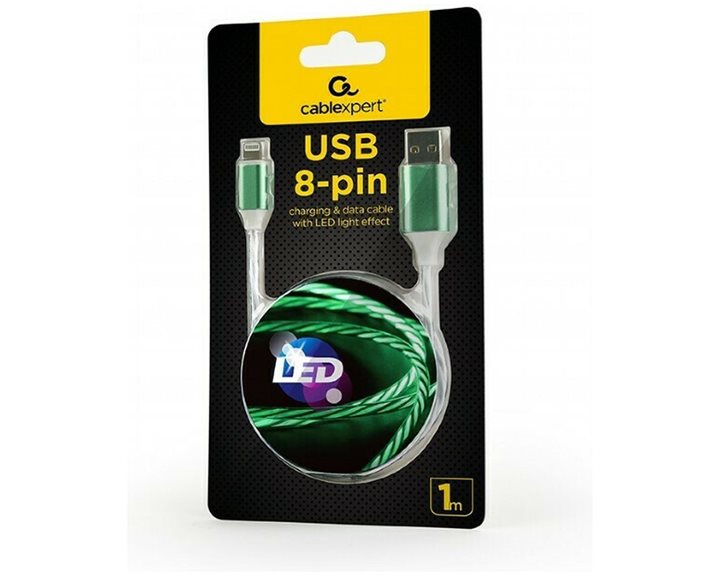CABLEXPERT USB 8-PIN CHARGE & DATA CABLE WITH LED LIGHT FX 1M GREEN