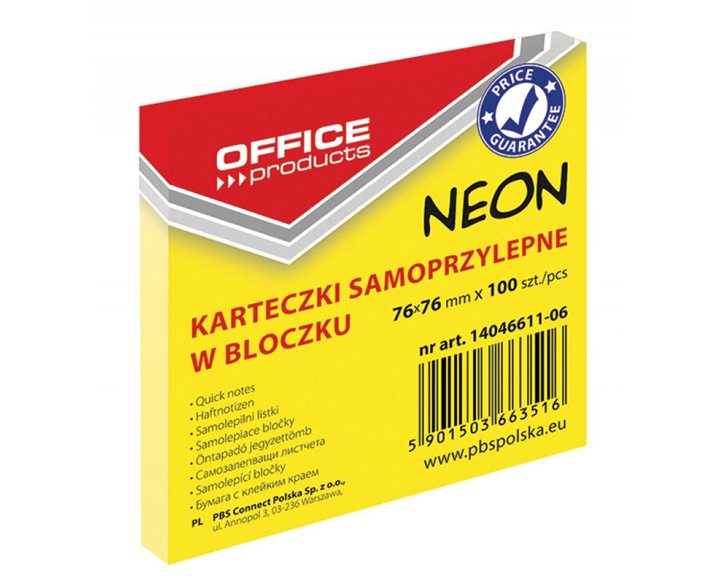 Αυτοκόλλητες Σημειωσεις Office Products Neon 76x76mm 100τμχ Κίτρινο 14046611-06