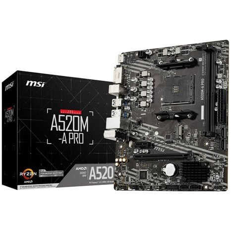 MSI MB A520M-A PRO, SOCKET AMD AM4, CS AMD A520, 2 DIMM SOCKETS DDR4, DVI-D/HDMI, PCI-E GEN 3.0, GIGABIT LAN, MICRO-ATX, 3YW.