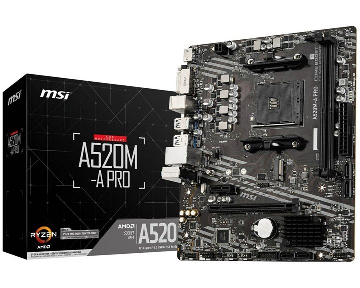 MSI MB A520M-A PRO, SOCKET AMD AM4, CS AMD A520, 2 DIMM SOCKETS DDR4, DVI-D/HDMI, PCI-E GEN 3.0, GIGABIT LAN, MICRO-ATX, 3YW.
