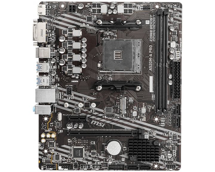 MSI MB A520M-A PRO, SOCKET AMD AM4, CS AMD A520, 2 DIMM SOCKETS DDR4, DVI-D/HDMI, PCI-E GEN 3.0, GIGABIT LAN, MICRO-ATX, 3YW.