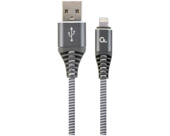 CABLEXPERT PREMIUM COTTON BRAIDED LIGHTNING CHARGING AND DATA CABLE 1M SPACEGREY/WHITE RETAIL PACK