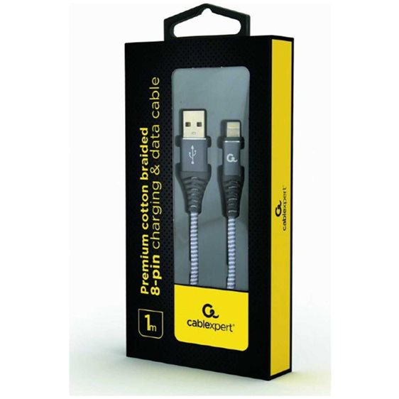 CABLEXPERT PREMIUM COTTON BRAIDED LIGHTNING CHARGING AND DATA CABLE 1M SPACEGREY/WHITE RETAIL PACK