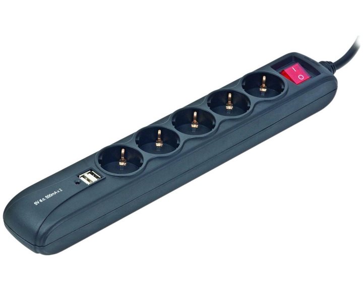 ENERGENIE POWER STRIP WITH 2 USB CHARGER 5 SOCKETS 1,5m USB 2A BLACK