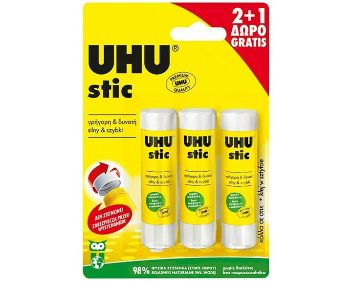 Κόλλα UHU Stick 8,2gr 2+1 Φυσική Κόλλα 98%