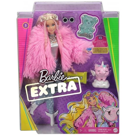Mattel Barbie Extra Doll In Pink Fluffy Coat With Unicorn Pig Toy