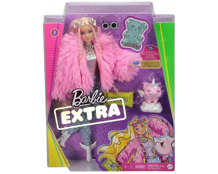 Mattel Barbie Extra Doll In Pink Fluffy Coat With Unicorn Pig Toy